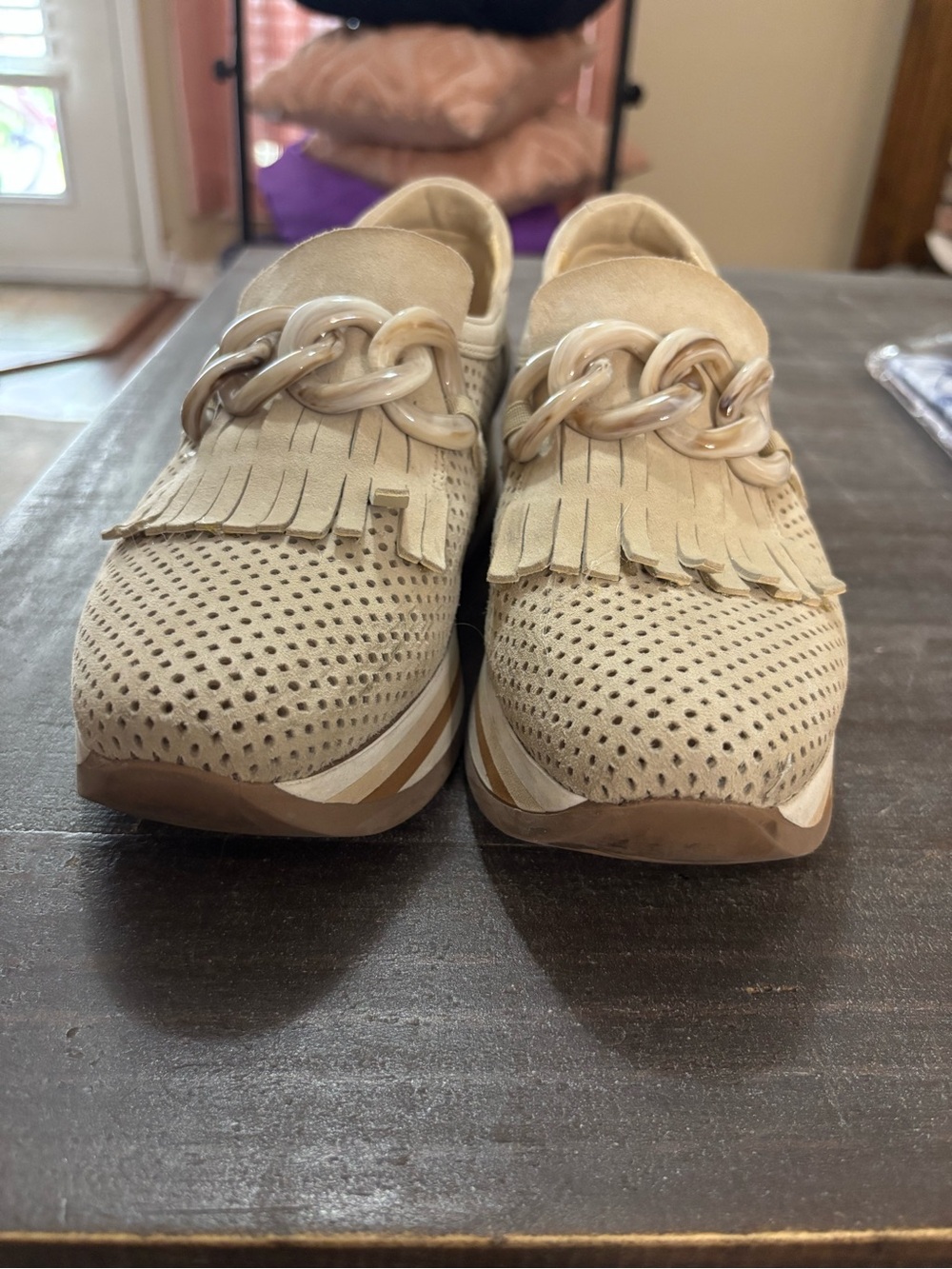 Beige Perforated Suede Fringe Chain Slip-On Sneakers